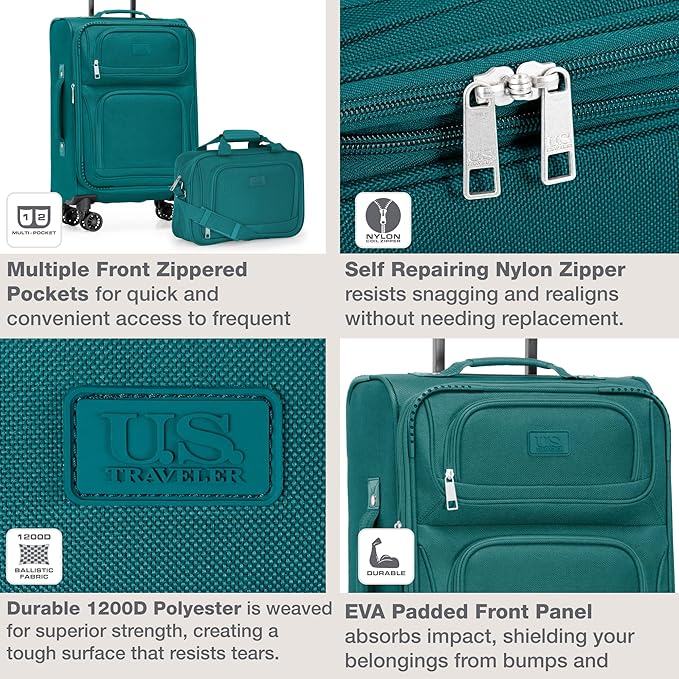 U.S. Traveler Rio Lightweight Softside Rolling Carry-on Suitcase, 4-Wheel Single, Teal