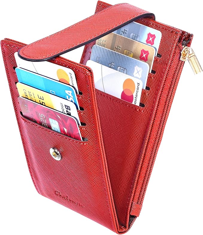 Chelmon Womens Wallet Slim RFID Blocking Bifold Multi Card Case Wallet with Zipper Pocket (Red)
