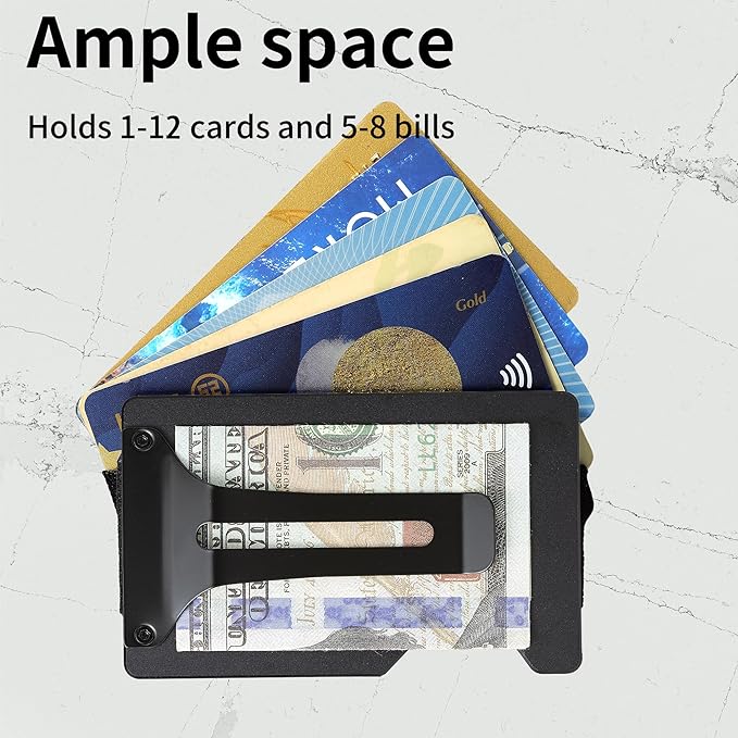 Minimalist Carbon Fiber Wallet for Men, Money Clip Cash Strap Wallet, RFID Blocking Metal Wallet Aluminum Card Holder,Front Pocket Wallet(Matte Black)