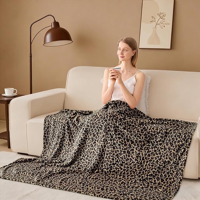 Leopard Print Blanket Fleece Throw for Bed Sofa Travel and Camping, Super Soft Cozy Fluffy Plush Cheetah Print Blanket for All Seasons 60"x80" (Mocha Brown)