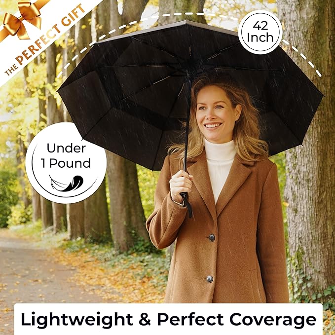 TUMELLA Strongest Windproof Travel Umbrella (Compact, Superior & Beautiful), Small, Wind-Tested, Light & Portable, Automatic Folding Rain Umbrella, Durable Premium Grip, Fits Car and Backpack