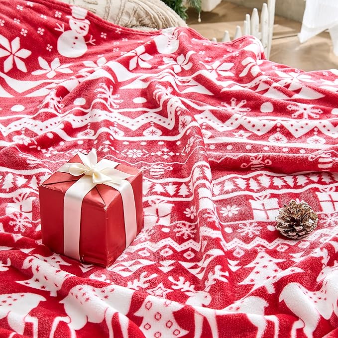 Christmas Blanket Soft Cozy Fleece Throws with Snowman Snowflake Reindeer and Xmas Trees Print, Fuzzy Warm Christmas Throw Blanket for Couch Bed Holiday Decorations Gifts 50"x60" (Red)
