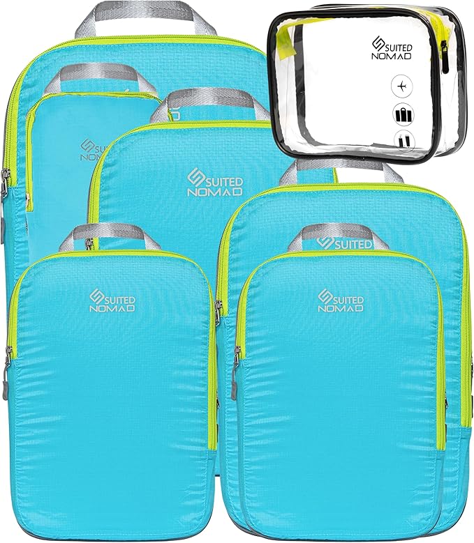 SUITEDNOMAD Ultralight Compression Packing Cubes Set, Suitcase and Backpack Travel Organizer Bags (Turquoise, 7Piece)