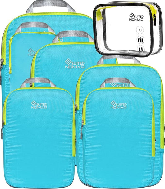 SUITEDNOMAD Ultralight Compression Packing Cubes Set, Suitcase and Backpack Travel Organizer Bags (Turquoise, 7Piece)