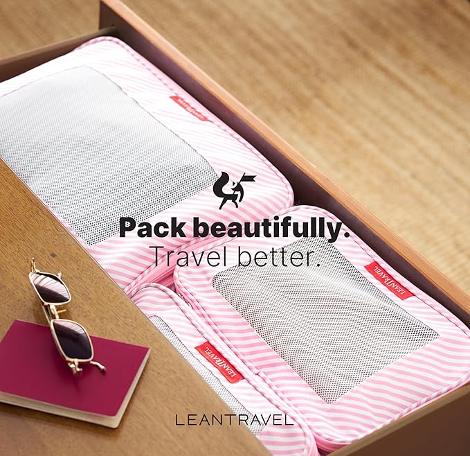 LeanTravel Premium Compression Packing Cubes for Travel - Suitcase Organizer Bags with Double Zipper & Breathable Mesh Panel - Space Saving Carry On Luggage Essentials (6-Pack, Pink Stripes)