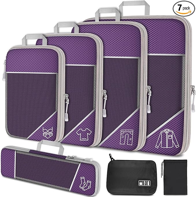 NiHome 7PCS Compression Packing Cube Set Expandable Mesh Travel Bag Luggage Organizers with Electronic Cable Cord Charger Organizer Drawstring Bag for Trip Home Storage Travel Gear Accessories