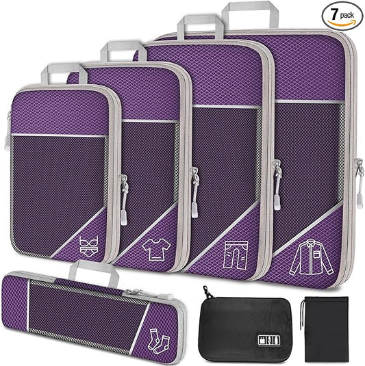 NiHome 7PCS Compression Packing Cube Set Expandable Mesh Travel Bag Luggage Organizers with Electronic Cable Cord Charger Organizer Drawstring Bag for Trip Home Storage Travel Gear Accessories