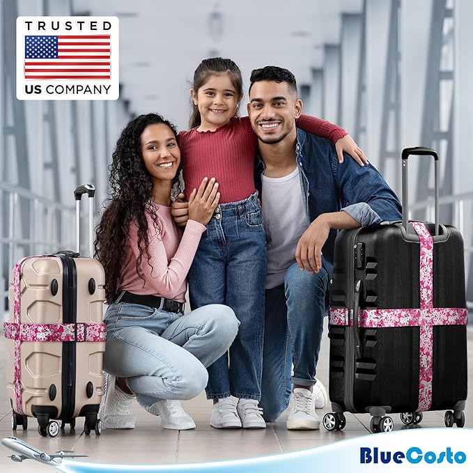 Luggage Straps for Suitcases - TSA Approved - Pink Geometric, 4 PK - Premium Belts for Suitcase, Briefcase & Travel Bag - Adjustable Strap Length 41" - 78"