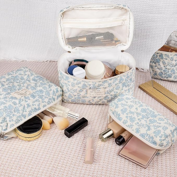 Large Makeup Bag Set, Quilted Makeup Bag, Floral Cosmetic Bag for Women, Cute Cotton Makeup Bags, Flower Travel Toiletry Organizer Bag (white)