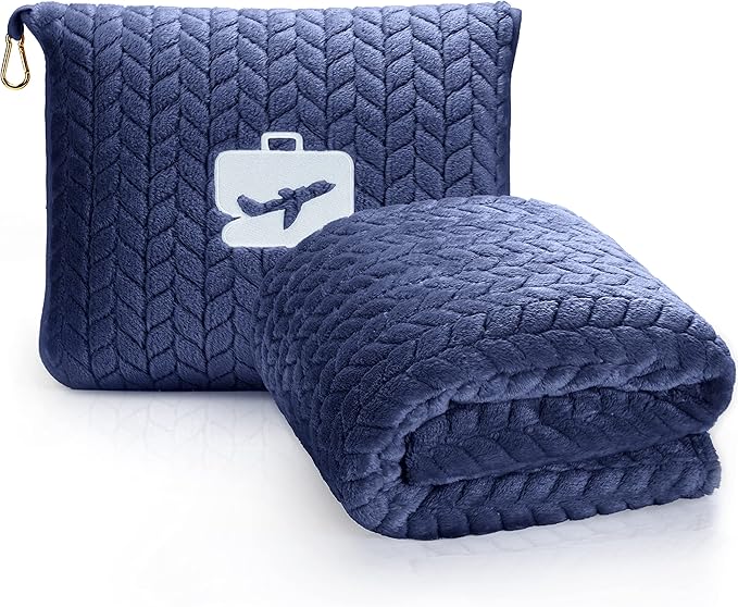 EverSnug Travel Blanket & Pillow 68x42 - Premium Ultra-Soft Microfleece 2 in 1 Compact & Packable Flight Blanket with Soft Bag Pillowcase, Hand Luggage Sleeve and Backpack Clip (Navy Blue)