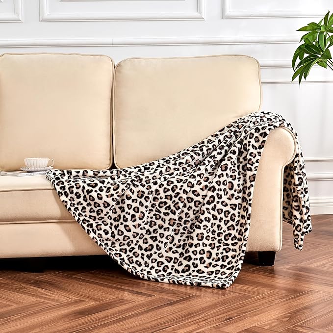Leopard Print Blanket Fleece Throw for Bed Sofa Travel and Camping, Super Soft Cozy Fluffy Plush Cheetah Print Blanket for All Seasons 60"x80" (Cream)