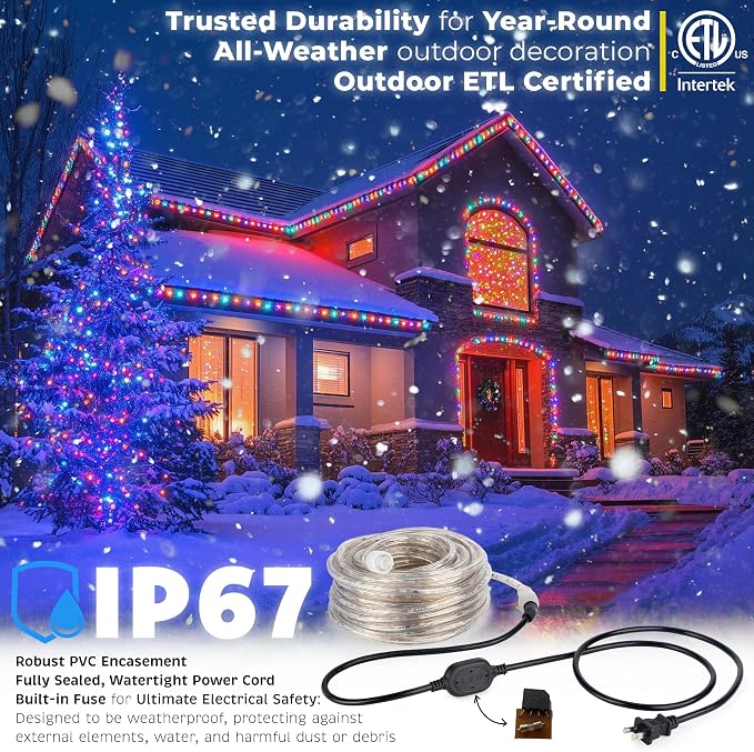 216LEDs, 20ft LED Outside Rope Lights, Waterproof Permanent Outdoor ETL Certified Connectable Clear Tube, Christmas Palm Tree Holiday Decorative Landscape Patio Accent Lighting - Colorful