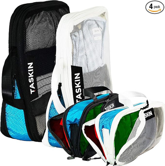 Taskin Compression Packing Cubes | Separate Clean & Dirty Compartments w/Flexible Separator | YKK Zippers | Set of 4 (2L + 2M)