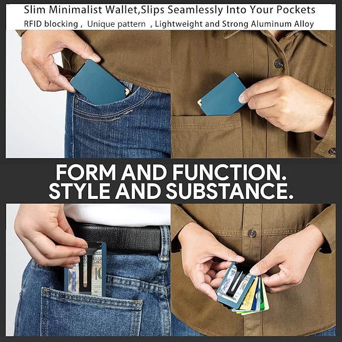 Minimalist Carbon Fiber Wallet for Men, Money Clip Cash Strap Wallet, RFID Blocking Metal Wallet Aluminum Card Holder,Front Pocket Wallet(Matte Navy)