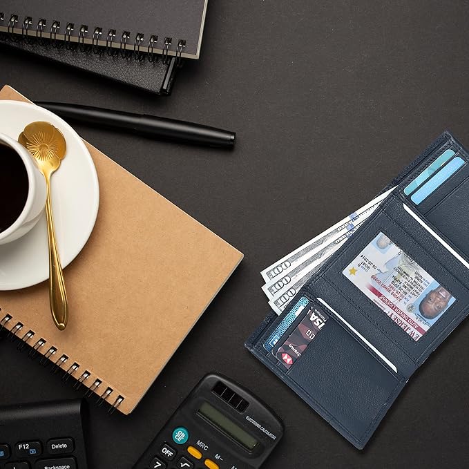 Real Leather Mens Trifold Wallet RFID Blocking Slim Minimalist Front Pocket - Thin & Stylish with ID Window in Gift Box