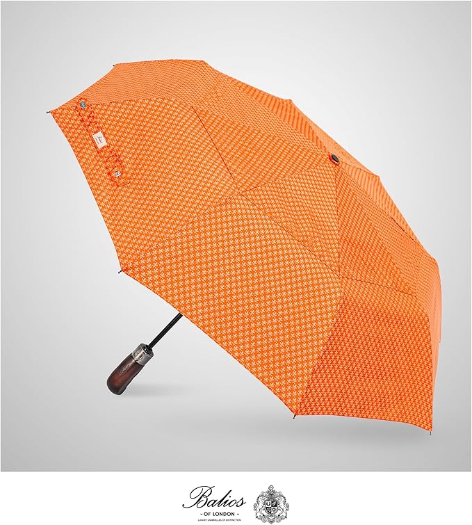 Balios Travel Folding Umbrella with Real Wood Handle Auto Open Close Vented Windproof Canopy - Designed in UK