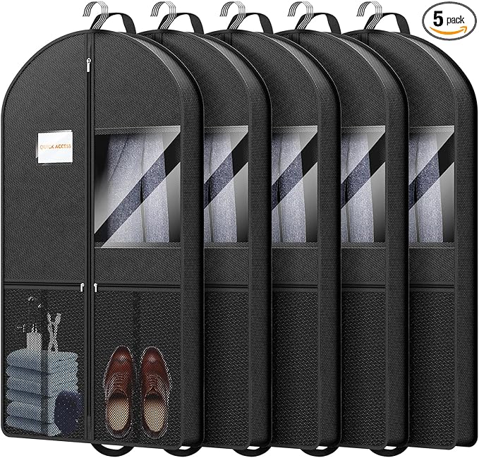 Travel Garment Bag Suits Clothes : 43 Inch 5 Packs Lightweight Breathable Zippered Black Fabric - Clothes Carry Short Men - Wardrobe Carry Coat Jacket Uniform Tuxedo Shirt