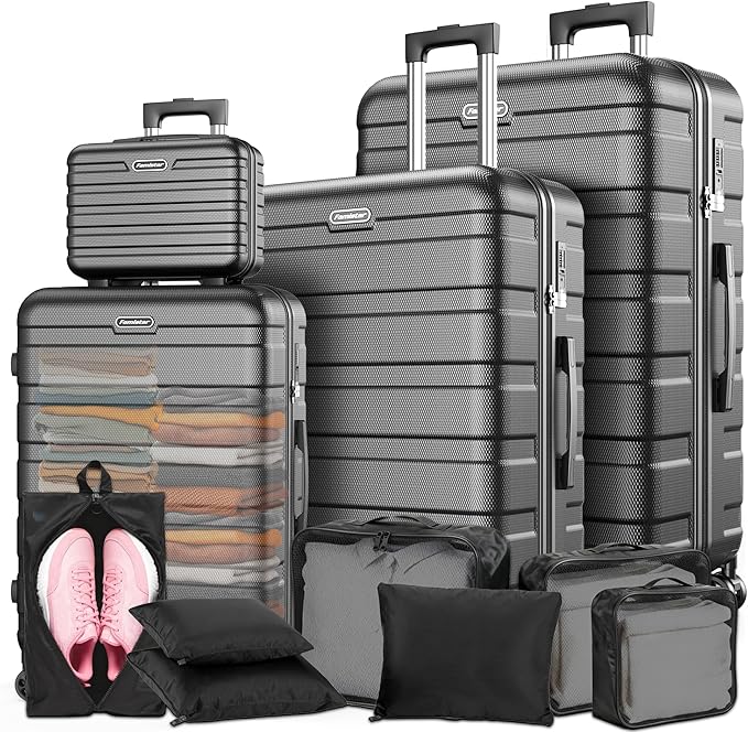 Luggage Sets 11 Piece, Lightweight Hardshell Luggage Large Suitcase with Double Spinner Wheels, Durable ABS Hard Shell Carry on Luggage with TSA-style Combination Lock & Travel Bag (28/24/20/14 Inch)