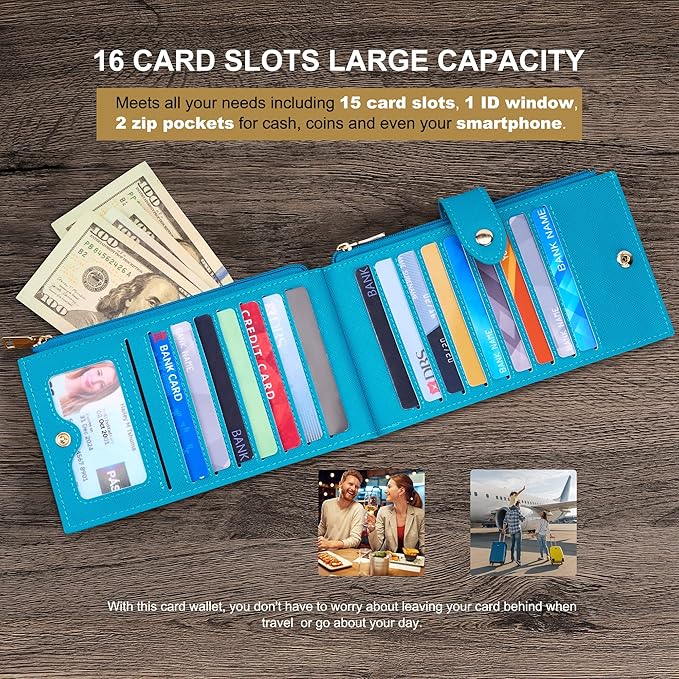 Travelambo RFID Wallet Women Large Size Bifold Multi Card Wallet Case with Zipper Pocke Credit Card Holder for Women