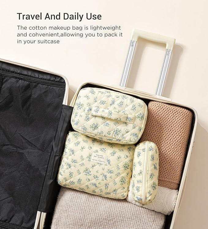 HBselect Quilted Makeup Bag, 3PCS Cotton Large Travel Makeup Bag, Cute Floral Coquette Make up Bag Cosmetic Bag Toiletry Bag for Women Girls