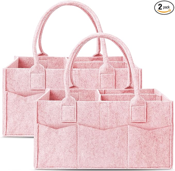 Cute Castle 2 Pack Diaper Caddy Organizer - Portable Baby Caddy Organizer with Handle, Nursery Storage Bin and Car Organizer for Girls, Boys - Baby Gift Basket - Pink, Large