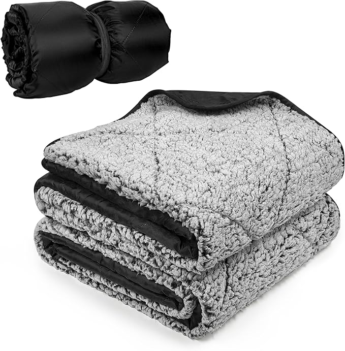Tirrinia Waterproof Outdoor Blanket with Sherpa Lining, Windproof Triple Layers Warm Comfy Foldable for Camping Stadium, Beach, Picnic, Grass, Concerts, Car, Dog, 51''X 59'' & 59''X 80''
