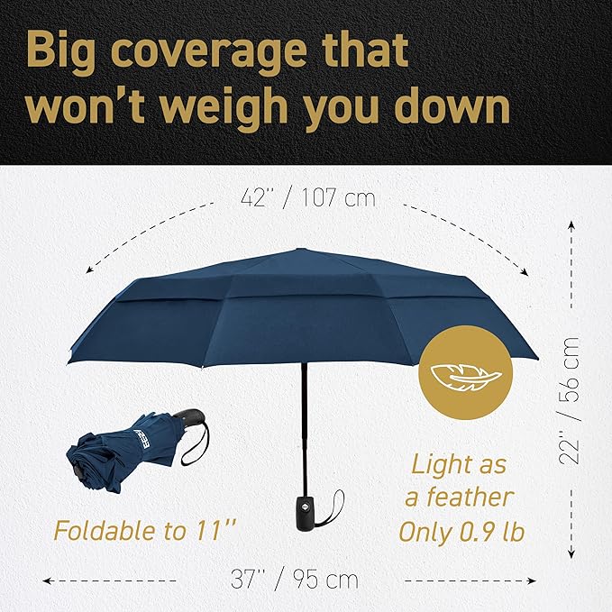 Windproof Compact Umbrella for Rain - 42” Travel Umbrella, Portable, Strong, Collapsible to 11”, Automatic Open Close Button, Vented Double Canopy with Fiberglass/Steel Frame, Wind Resistance to 55MPH