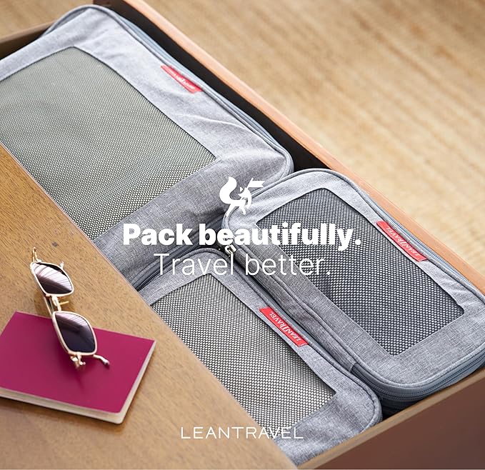 LeanTravel Premium Compression Packing Cubes for Travel - Suitcase Organizer Bags with Double Zipper & Breathable Mesh Panel - Space Saving Carry On Luggage Essentials (4-Pack, Grey)