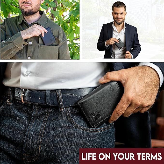 BULL GUARD Genuine Nappa Leather Trifold Wallet For Men RFID And ID Window