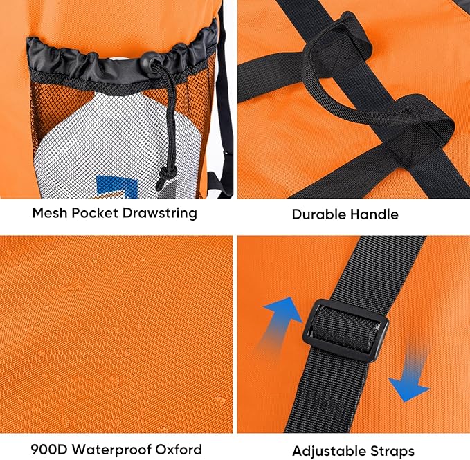 BALEINE 150L Laundry Bag Backpack, 900D Oxford Fabric Large Travel Laundry Bags with Shoulder Straps and 2 Mesh Pockets for College Dorm, Apartment, Laundromat (Orange, 150L)