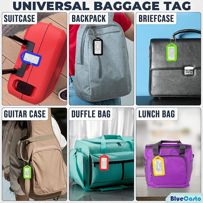 BlueCosto - Luggage Tags - Multicolored, 50 Pack - Suitcase Tags with Name ID Card & Heavy-Duty Metal Wire Loops - Bright Colored PVC Identifiers for Travel Baggage - Backpack Name Labels