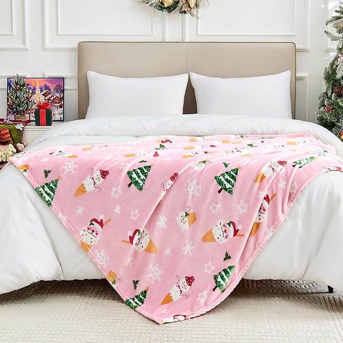 Christmas Blanket Soft Cozy Pink Throws with Snowman Snowflake Santa Claus and Xmas Trees Print, Fuzzy Warm Christmas Throw Blanket for Couch Bed Holiday Decorations Gifts 50"x60" (Pink)