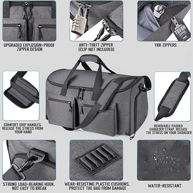 HILOMON Convertible Duffle Bags for Travel Carry On Suit Duffle Bags with Shoulder Strap 2 in 1 Hanging Garment Duffle Bag for Men Women (Gray Mesh Storage)