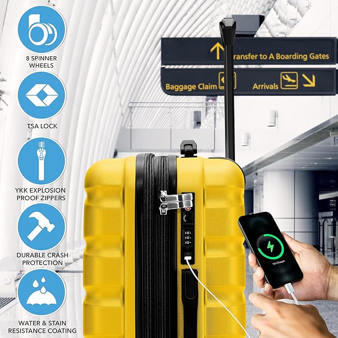 Flight Knight 24x16x10 Expandable Carry On Suitcase Hardside TSA Lock USB C Lightweight Luggage Silent Double Spinner Wheels Maximum Overhead Carry-On Bag For Virgin South West Approved Yellow