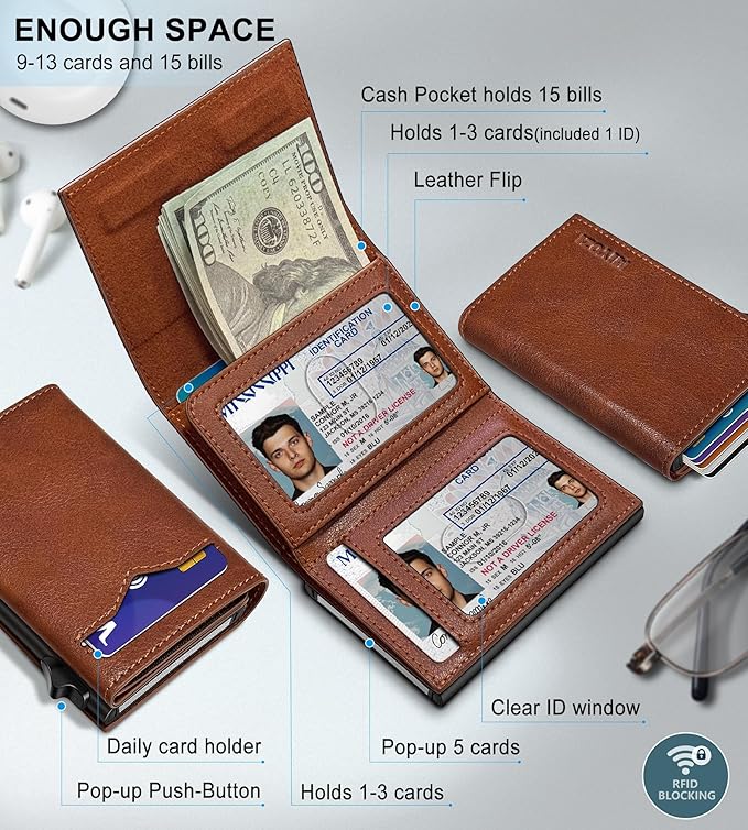 miyozi Wallet for Men,with Cash Pocket 2 ID Window 9-13 Cards,Metal Case Smart Slim Pop Up Credit Card Holder Flip with Magnetic Closure RFID Blocking Trifold wallet with Gift Box