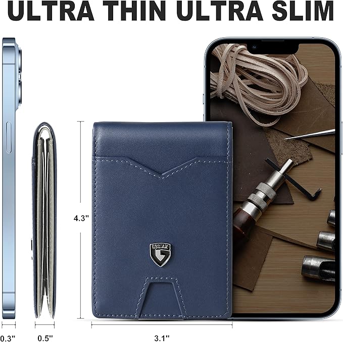 GSOIAX Mens Slim Wallet for Men Minimalist Genuine Leather Carbon Fiber Rfid Blocking Bifold Credit Card Holder With Gift Box (Dark Blue and Beige)