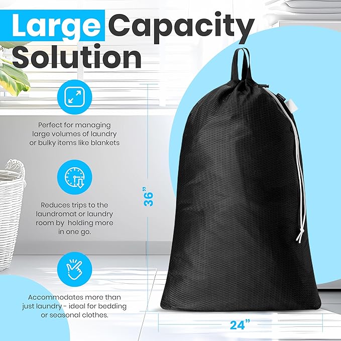 Handy Laundry Extra Large Mesh Laundry Bag with Handles & Shoulder Strap – Heavy Duty, Machine Washable, Breathable Net for Delicates, Bedding, Travel, College Dorm, Storage – Black