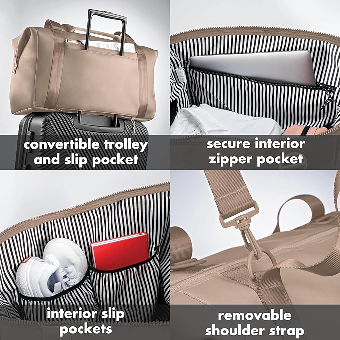 Fit & Fresh Neoprene Weekender Bag for Women – Carry-On Friendly Travel Duffel with Expandable Sides, Trolley Sleeve & Pockets – Lightweight, Water-Resistant Overnight Bag for Weekend Trips + Gym