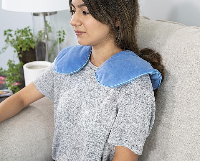 DreamTime Microwaveable Crescent Wrap with Aromatherapy, Heating Pad for Neck and Shoulders, Neck Wrap with Soothing Lavender, Lemongrass, and Chamomile Herbs for Natural Stress Relief, Blue