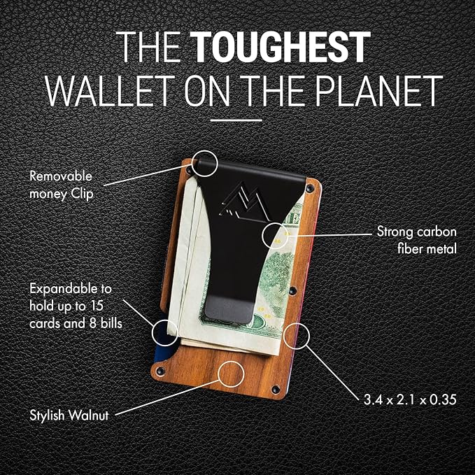 Mountain Voyage Co Minimalist Wallet for Men - Slim RFID, Scratch Resistant, Natural Walnut Wood Credit Card Holder & Money Clip, Easily Removable Money & Cards, Mens Wallets