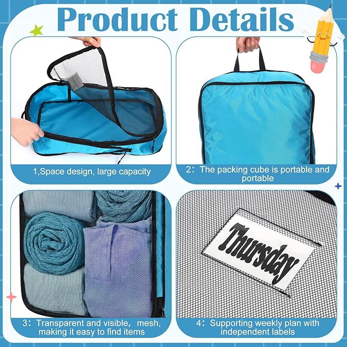 7 Pcs Packing Cubes for Travel Large Days of Week Compression Packing Cube with Labels Luggage Organizers Storage Bag(Blue)