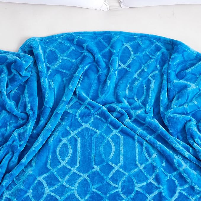 Soft Cozy Fleece Queen Size Blanket, 90x90 Inches – Lightweight Plush Blanket for Bed, Fuzzy 3D Jacquard Design - Royal Blue