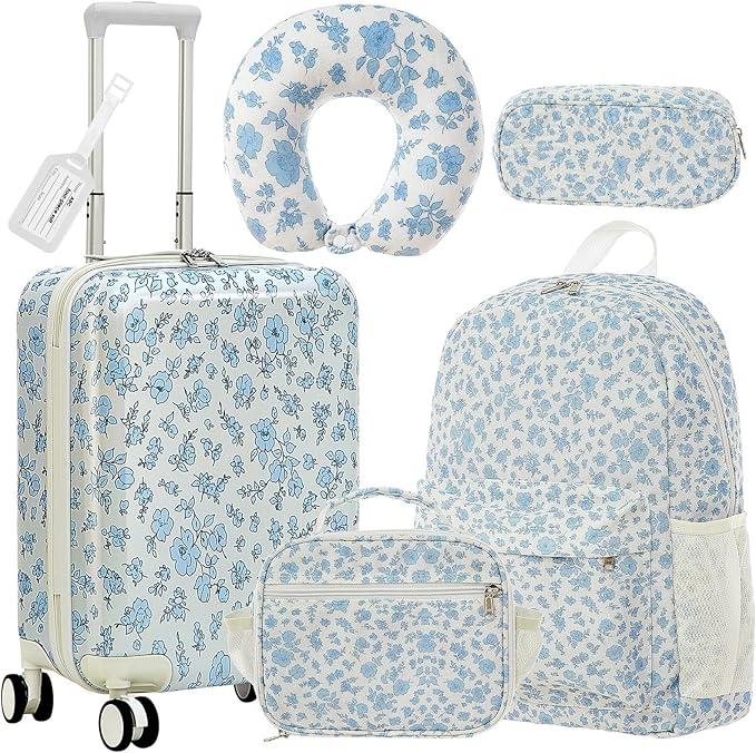 Redbaker 18 Inch 6 Pcs Kids Luggage Set Kids Rolling Luggage Double Pattern Suitcase for Boys Girls Gifts(Light Blue, Flower Style)
