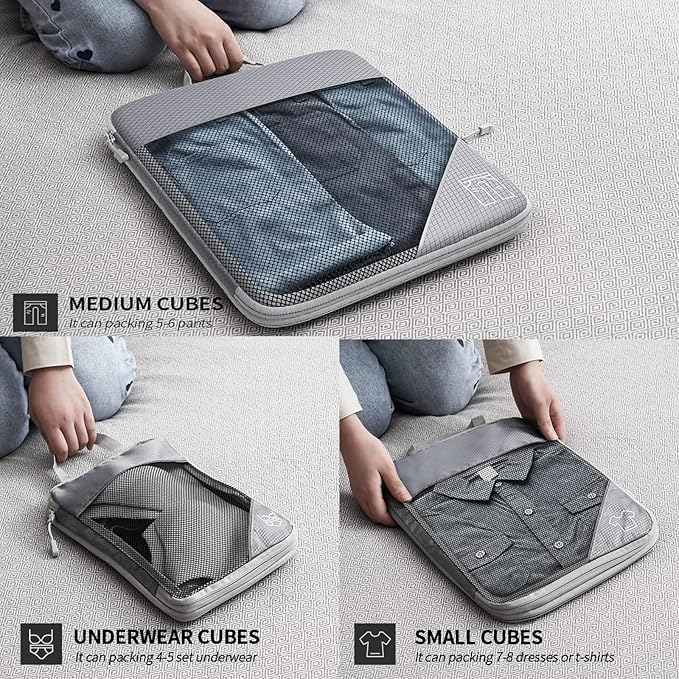 9-Set Packing Cubes with Hanging Bag | 9-Size Combination, Mesh Fabric & Reflective Stripe | Travel Luggage Organizers (Grey)