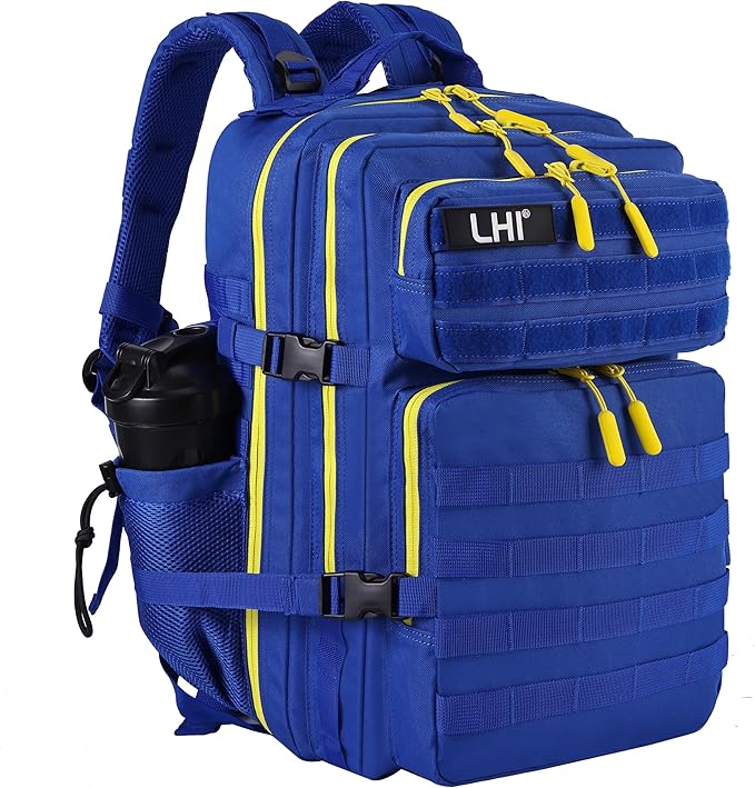 LHI Military Tactical Backpack for Men and Women 45L Army 3 Days Assault Pack Bag Large Rucksack with Molle System - Blue with yellow zipper