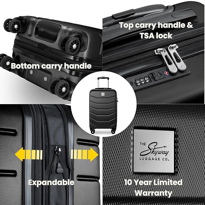 Skyway Luggage Silverton Hardside Collection – Lightweight Durable Suitcases with Wheels, Expandable Luggage for Travel Essentials with TSA Lock, 20-inch Carry-On, 22x14x9, Black