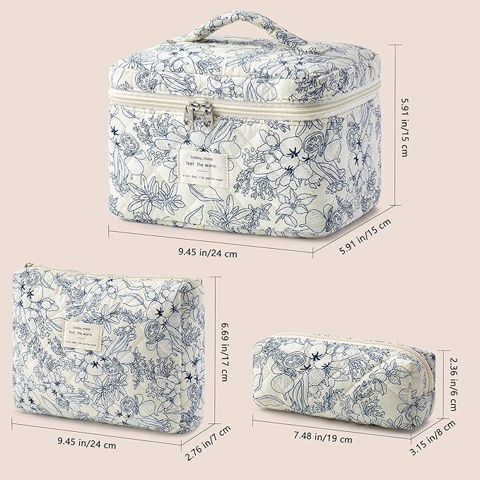 HBselect Quilted Makeup Bag, 3PCS Cotton Large Travel Makeup Bag, Cute Floral Coquette Make up Bag Cosmetic Bag Toiletry Bag for Women Girls