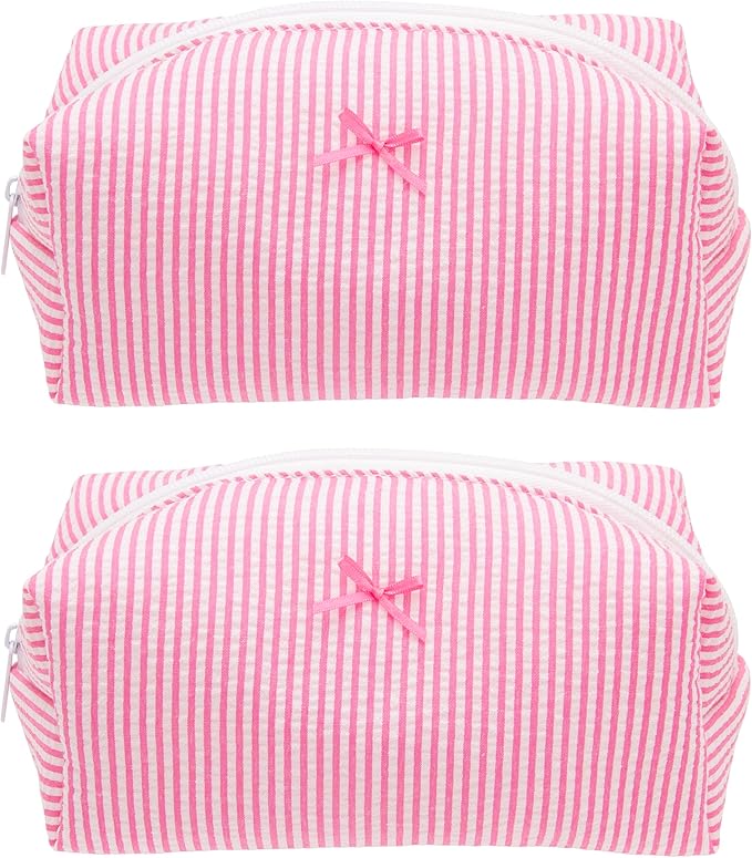PAZIMIIK 2PCS Cozy Makeup Bag Small Aesthetic Travel Zipper Cosmetic Pouch for Women Make Up Beauty Accessories Brushes, Stripe Hotpink