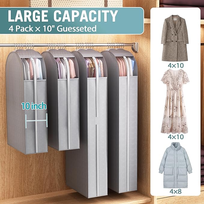 Liuoud 10" Gusseted Garment Bags for Hanging Clothes with clear window, (40&60") Suit Bags for Open Closet Storage, Clothing Cover for Coat, Dress, Jacket, Shirt, Fur Wardrobe Protector, 3 Packs
