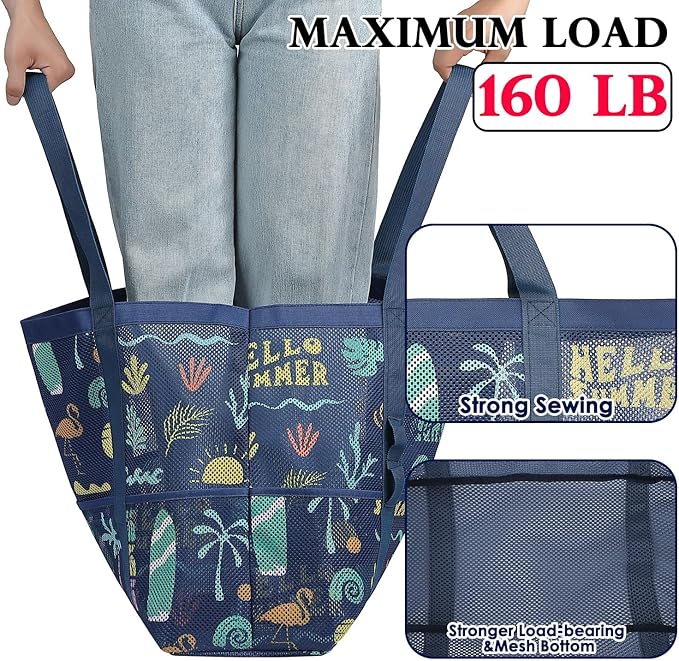 Fammart Mesh Beach Bag, Large Beach Tote with Zipper Pocket, Toys Pool Bag for Family Travel Vacation Cruise Essentials